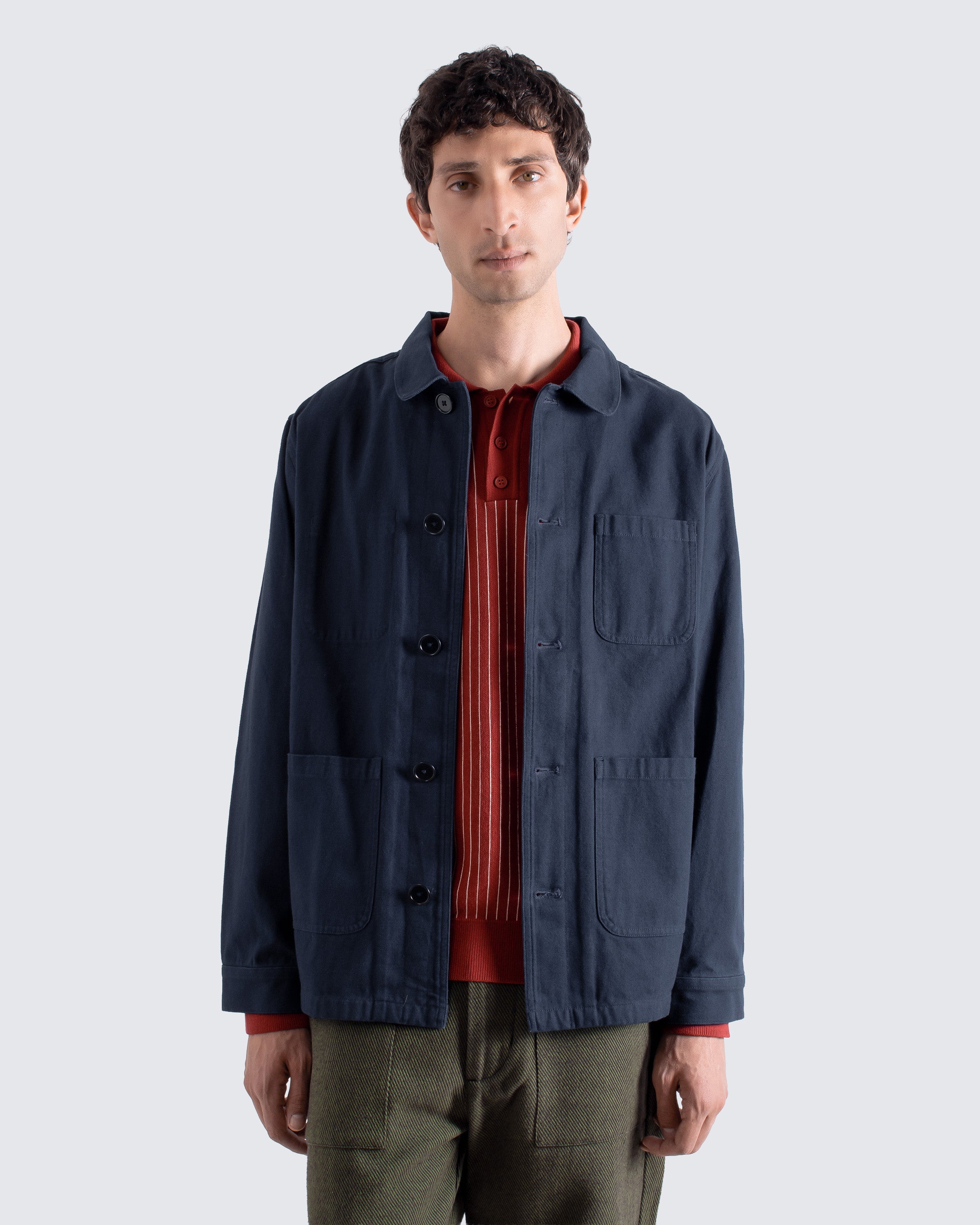 Men’s chore jacket with three patch pockets – navy – Far Afield