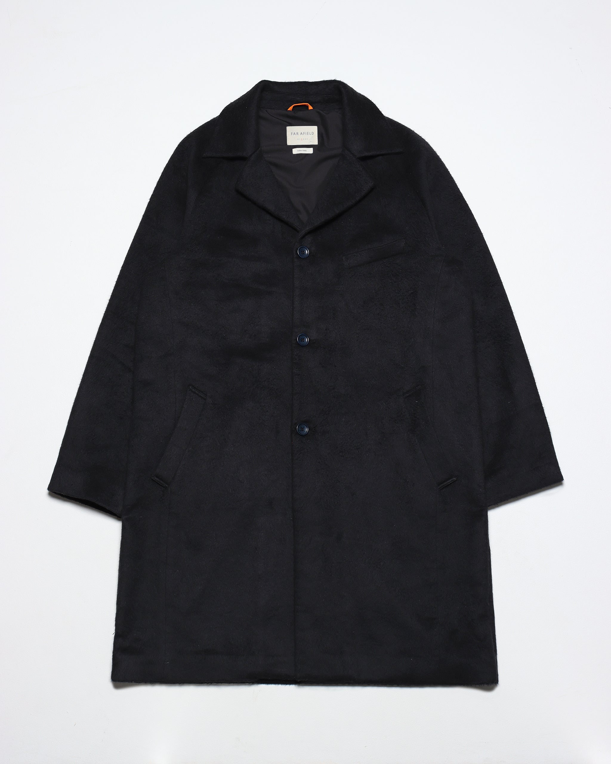 Vico Coat – Men's Black Overcoat, Italian Recycled Cotton | Far Afield