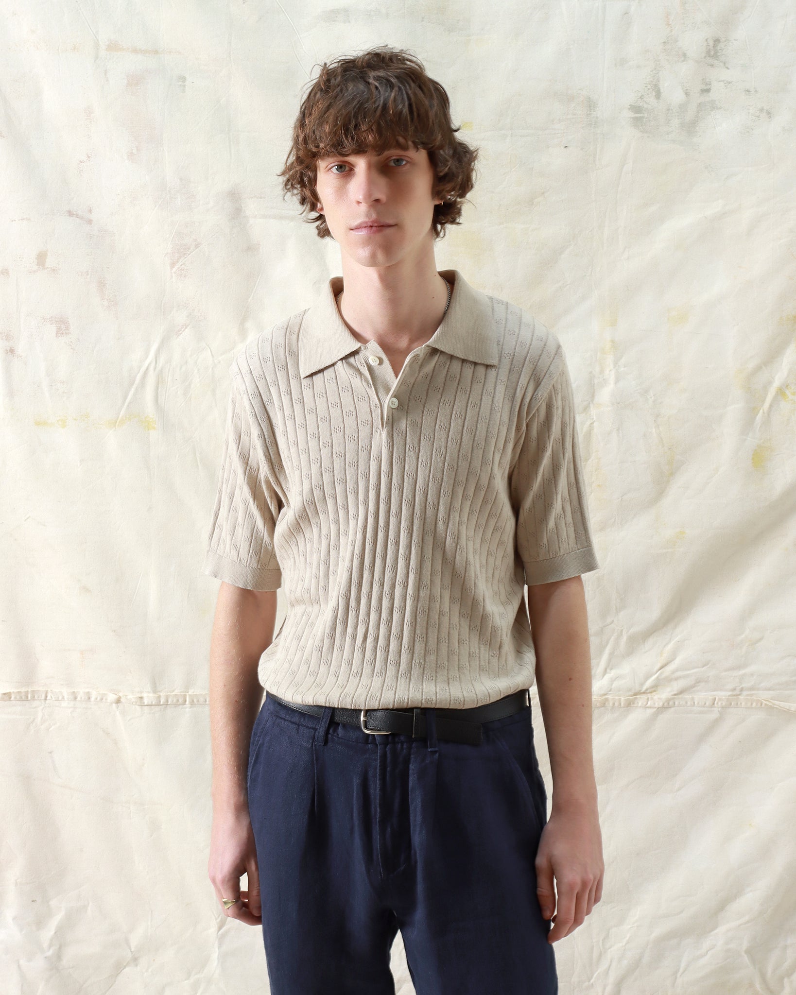 Knitted Polos · Jacobs Perforated Lace Polo - Peyote Sand