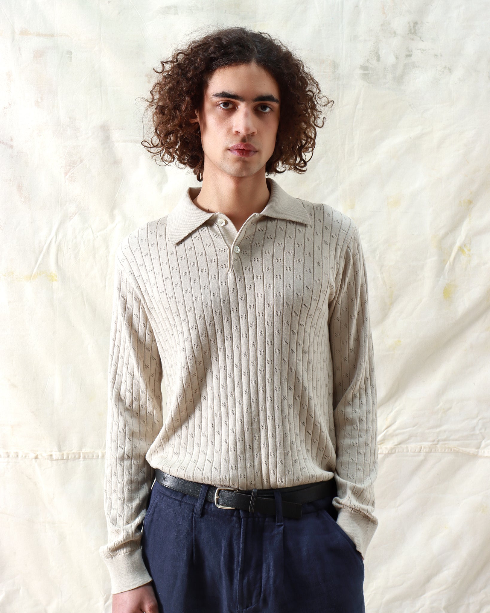 Knitted Polos · Jacobs Perforated Lace Polo - Peyote Sand Long Sleeve