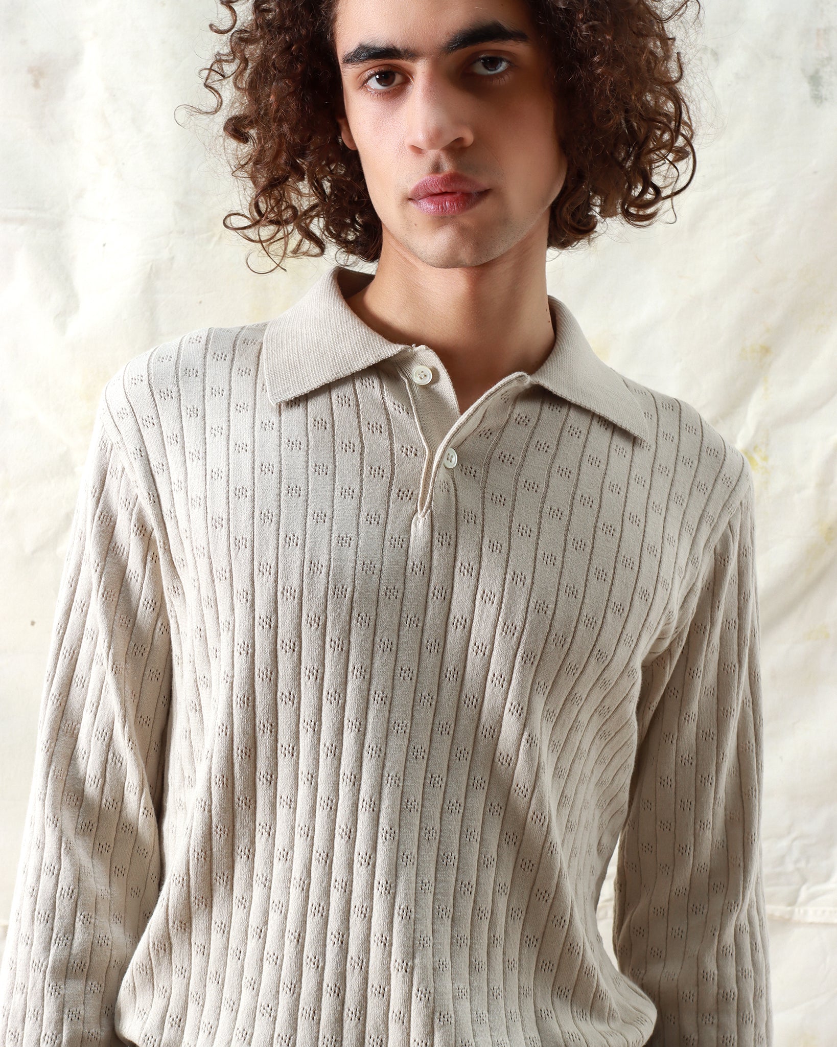 Knitted Polos · Jacobs Perforated Lace Polo - Peyote Sand Long Sleeve