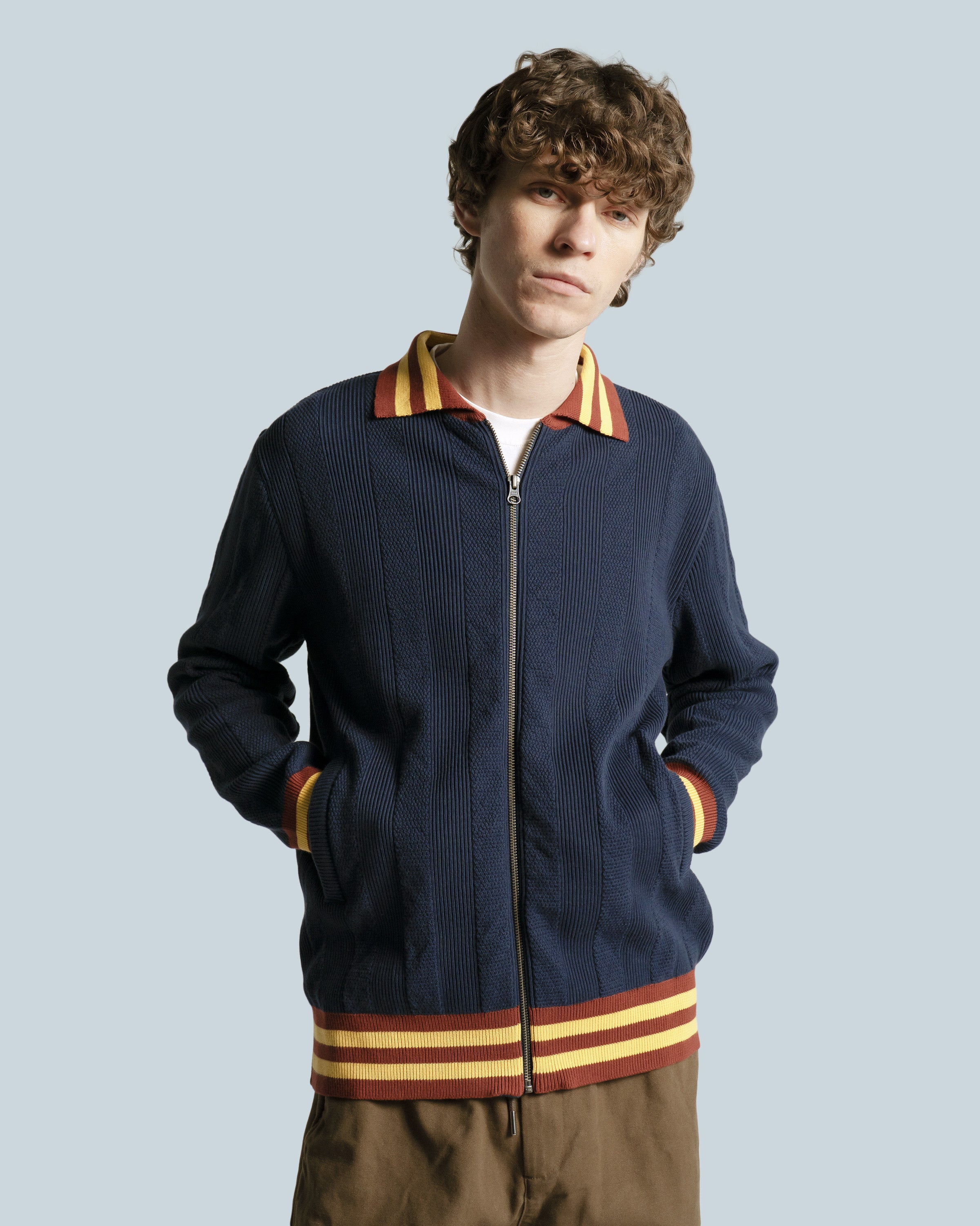 チ*ン様 21AW zip up ストライプカーディガン Knitted Zip Cardigan Navy · Far Afield