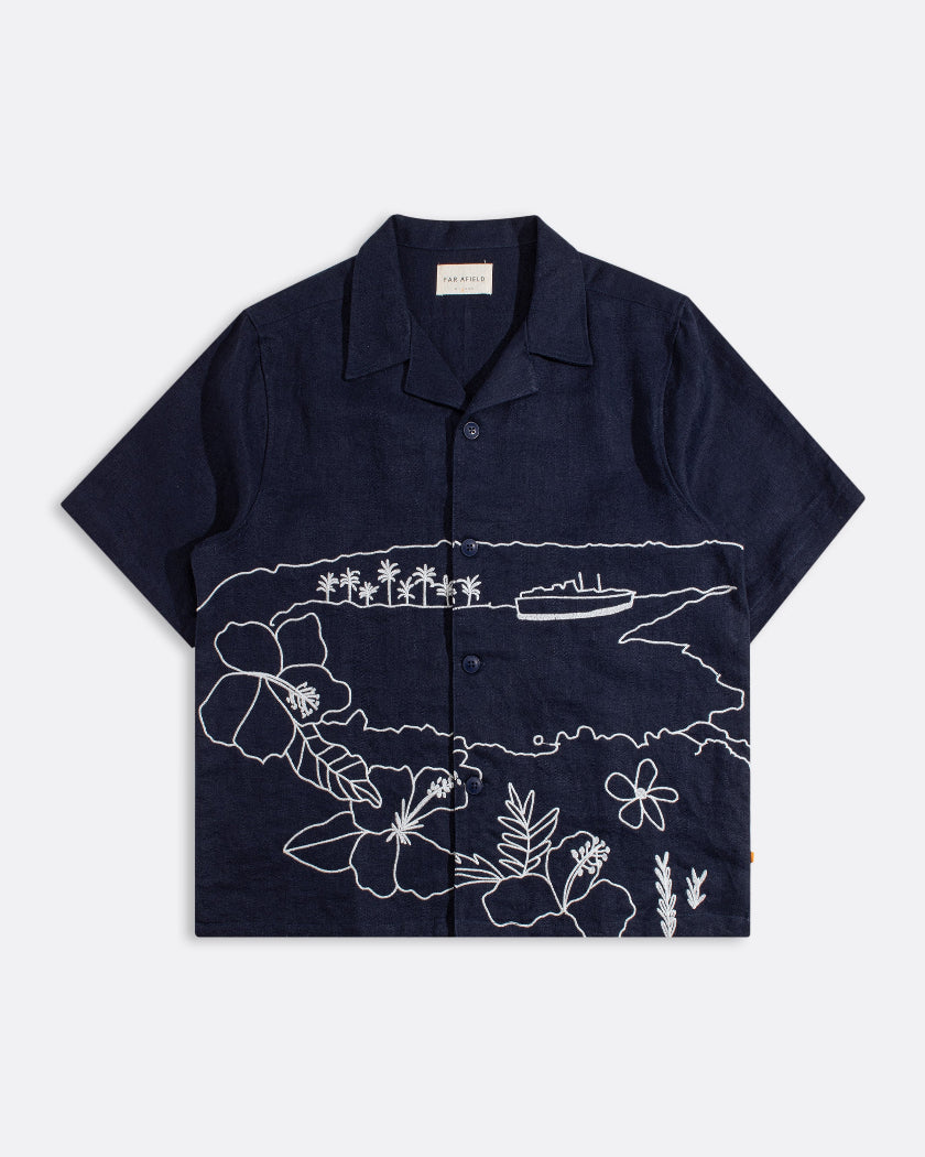 Embroidered Landscape Linen Shirt in Navy · Far Afield