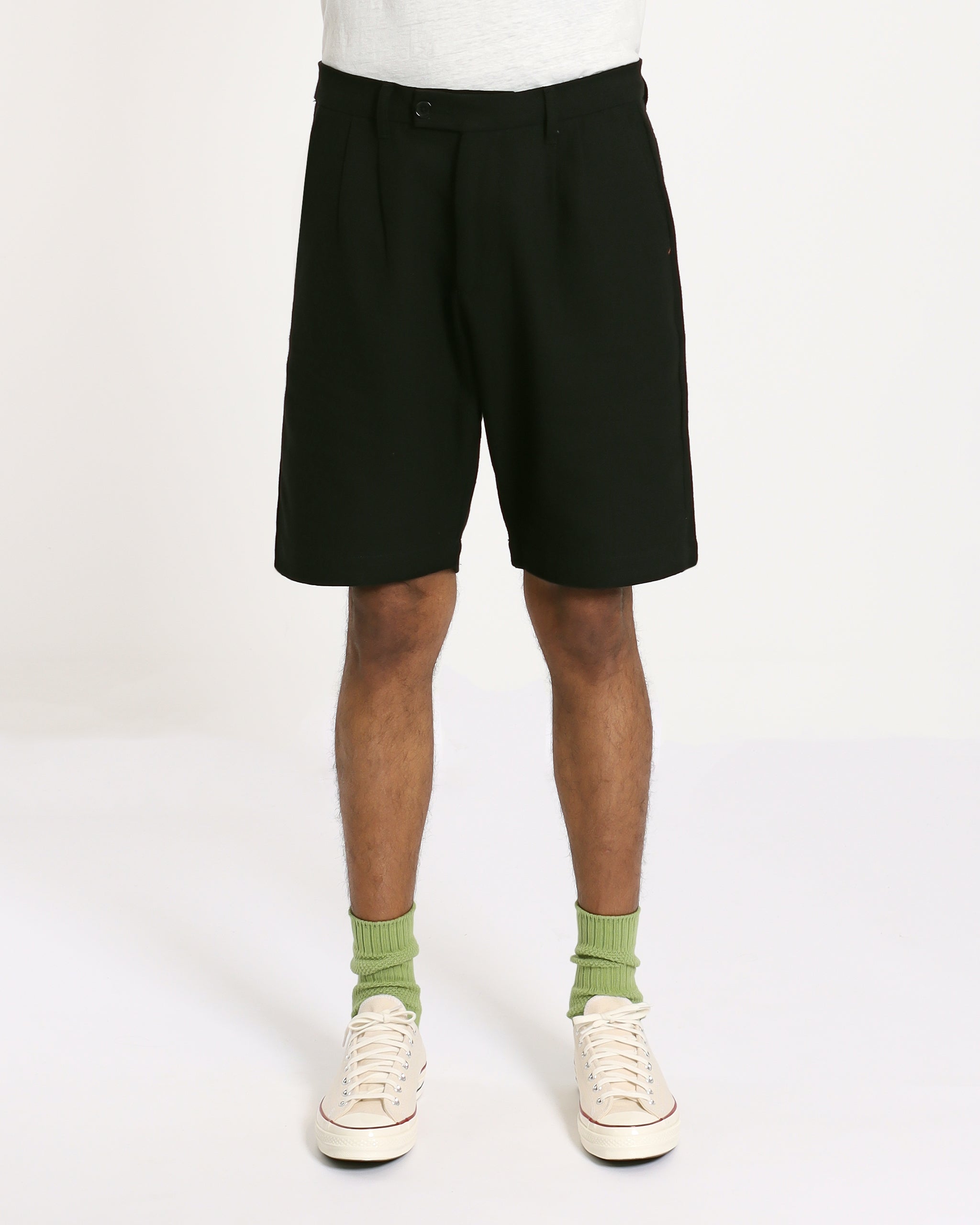 Knee-length Shorts · Double Pleated Short - Textured Weave Black