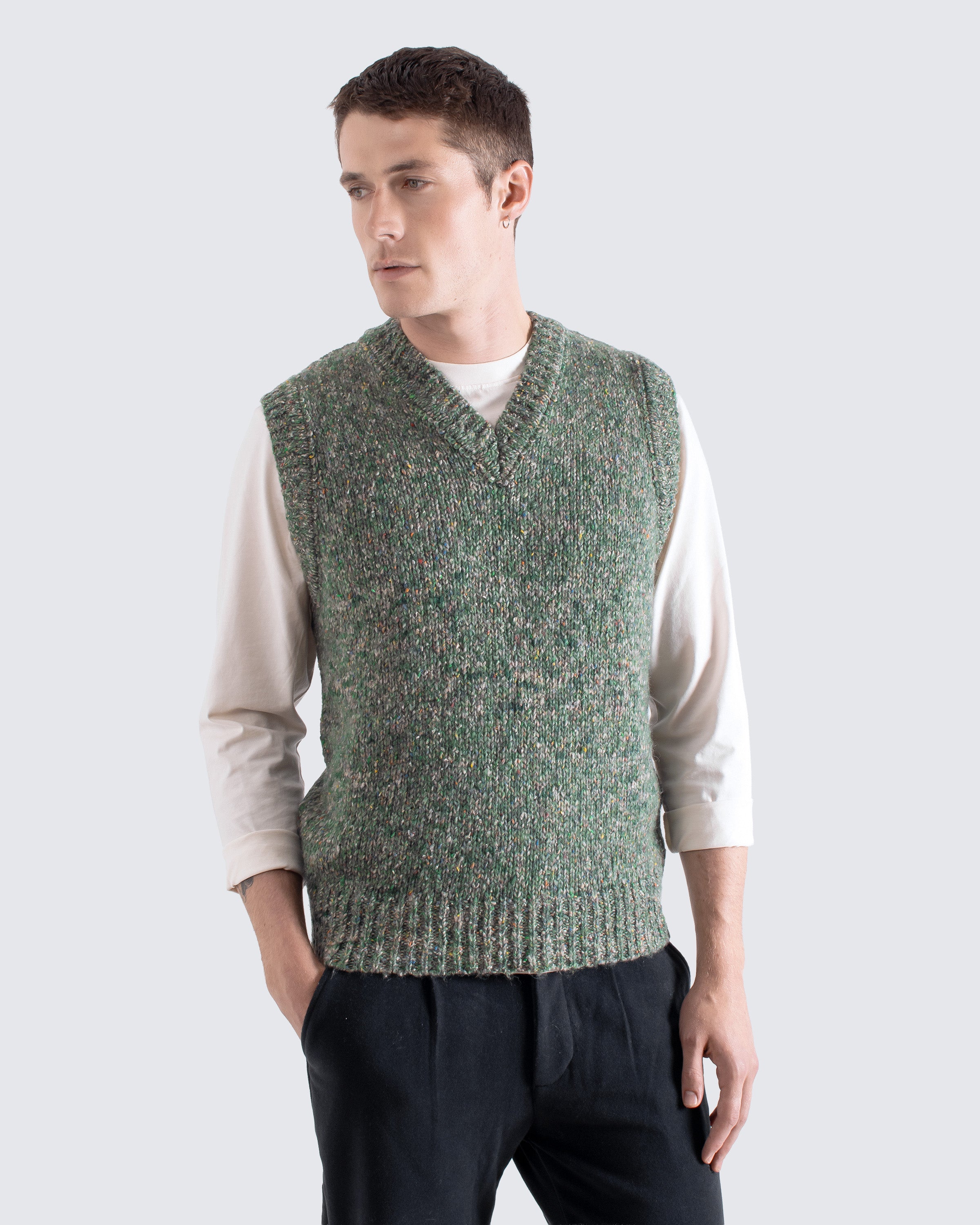Pinto Knit Vest Green | Nepped Texture Sweater Vest – Far Afield
