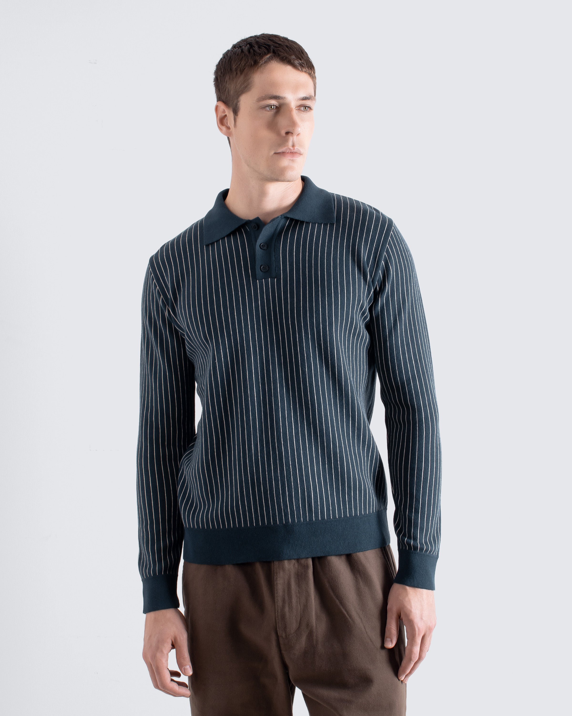 【bibiy.】B.POLO KNIT Benny Knit Polo Navy | Archive Stripe Polo Shirt – Far Afield