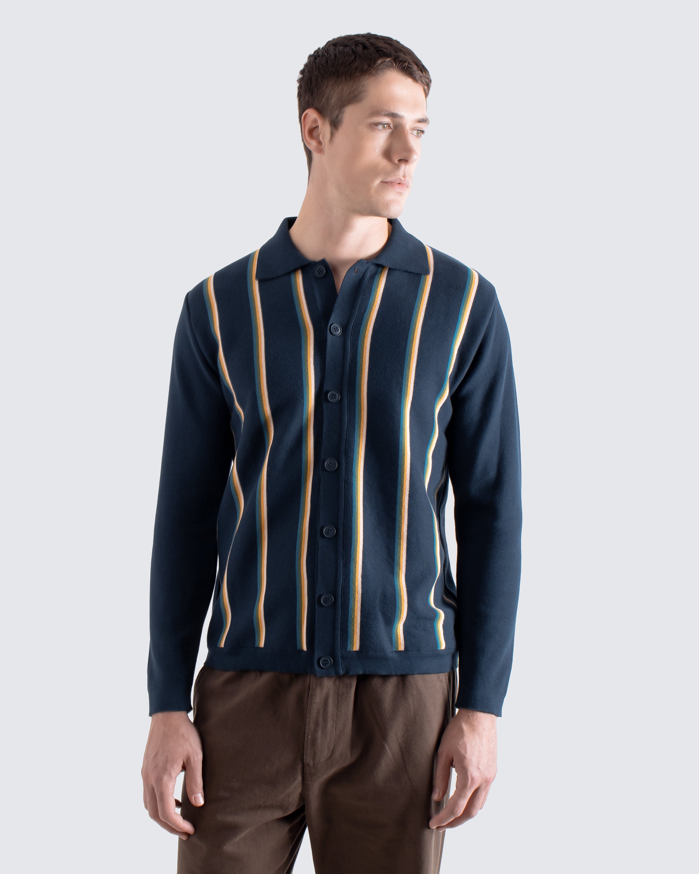 Zigger Knit Shirt Kuki Navy | Engineered Stripe Organic Cotton