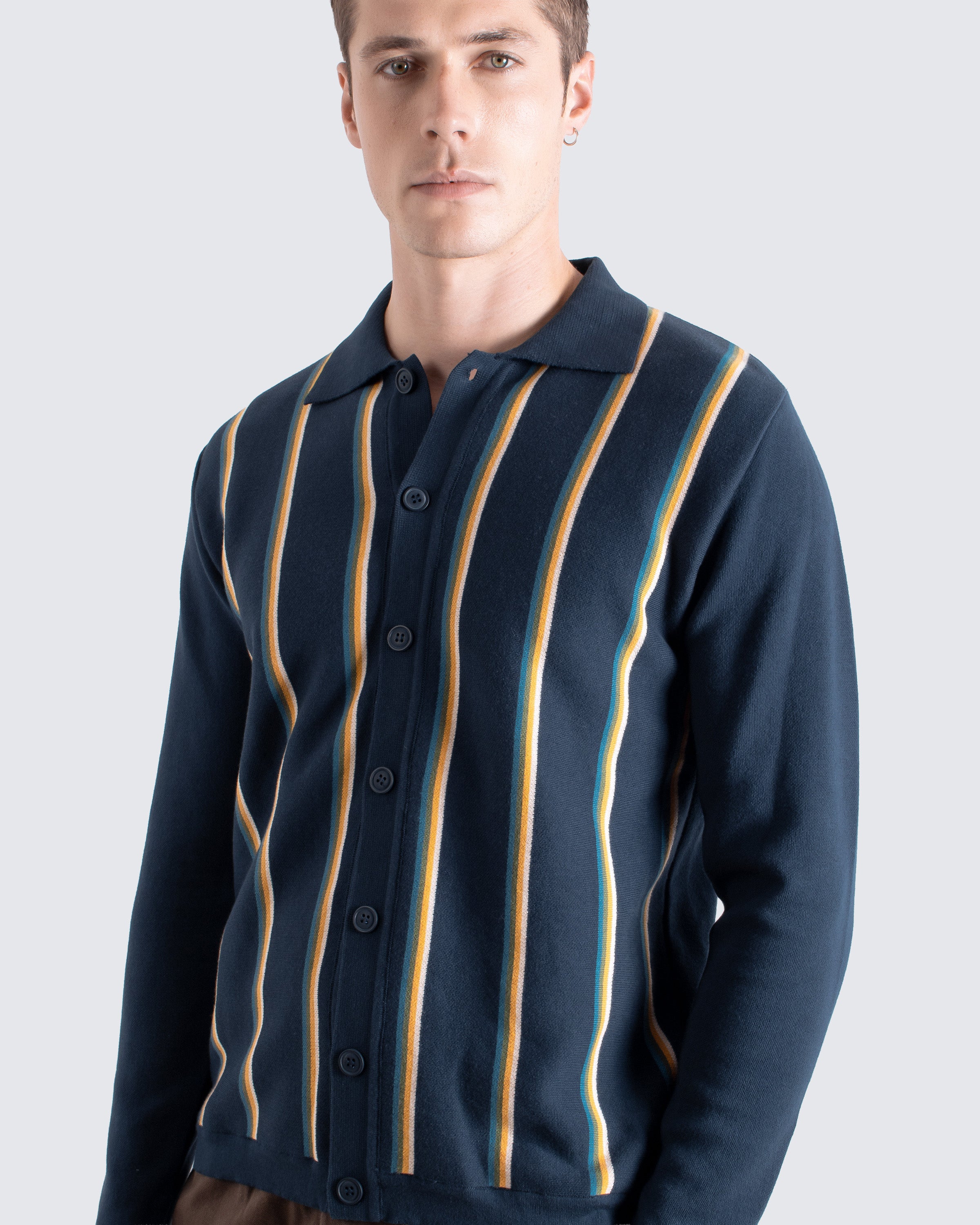 Zigger Knit Shirt Kuki Navy | Engineered Stripe Organic Cotton