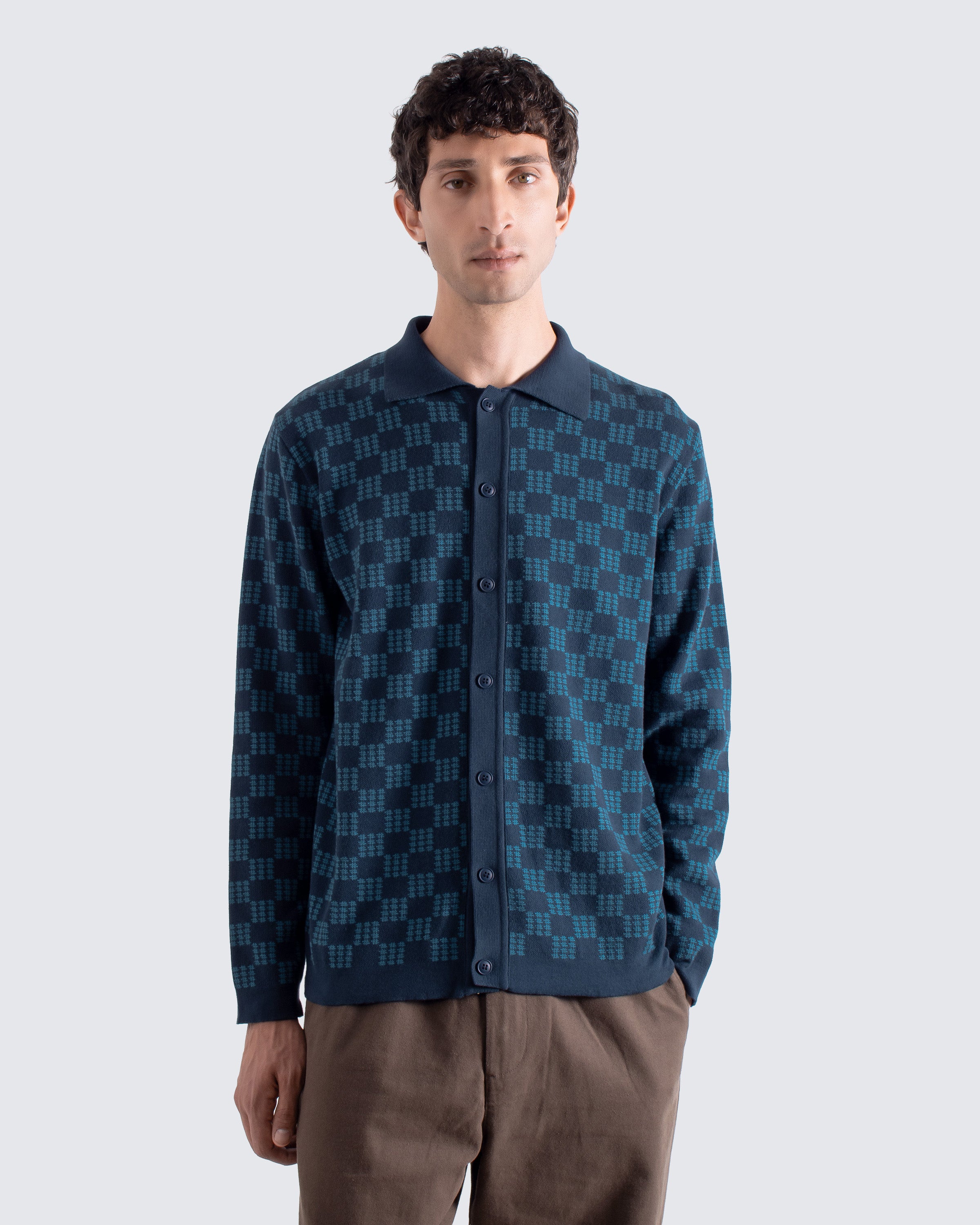 Zigger Knit Shirt Criss-Cross Navy | Organic Cotton Menswear