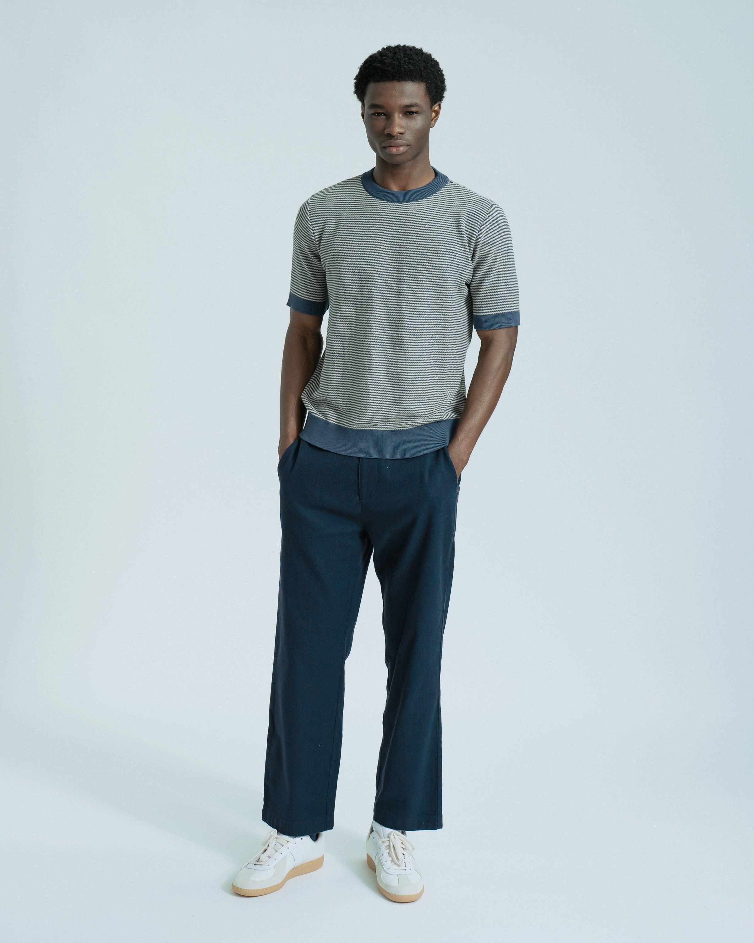 Striped Knitted T-Shirt Blue · Far Afield