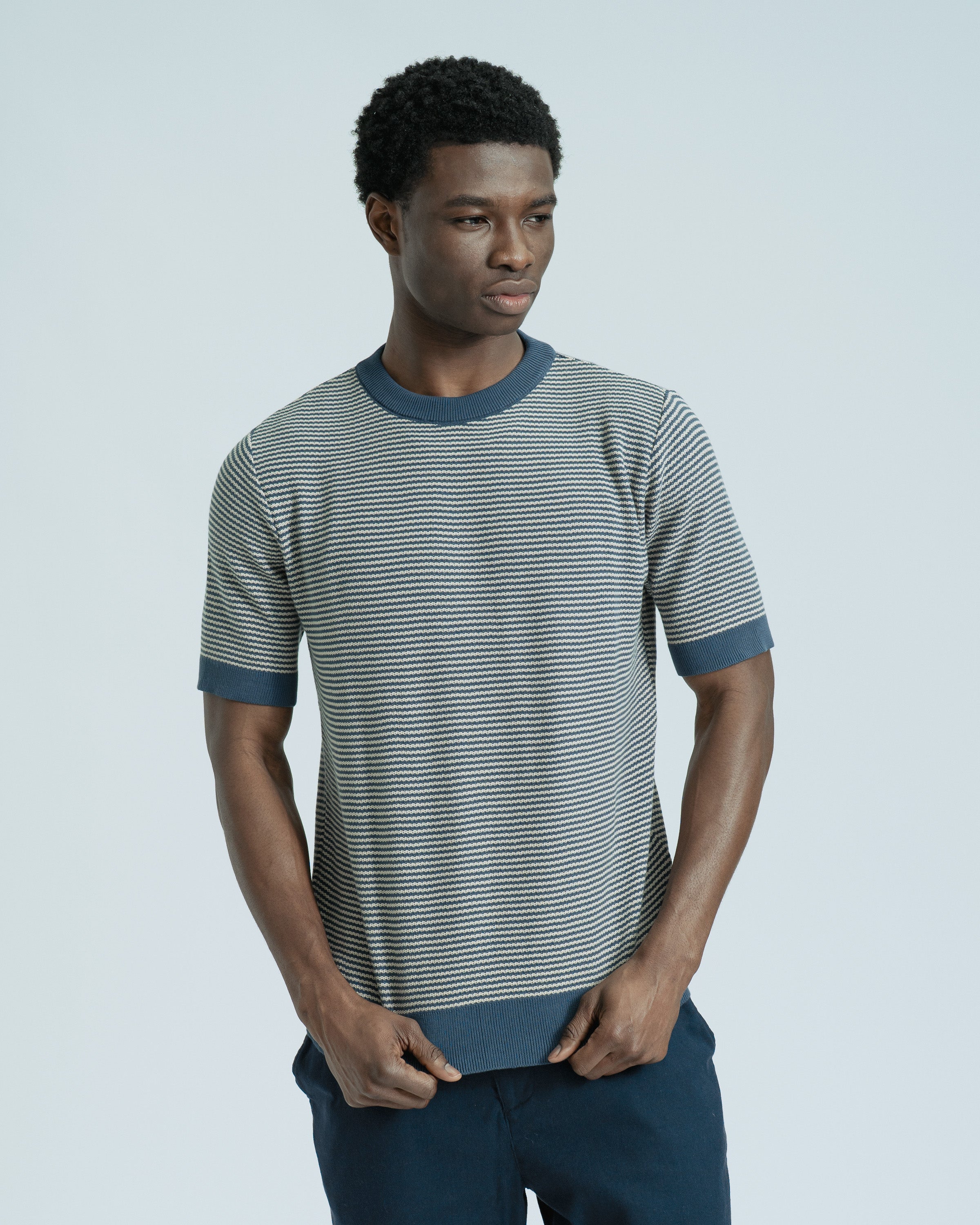 トップス 14ss phenomenon Striped knit t-shirt Striped Knitted T-Shirt Blue · Far Afield