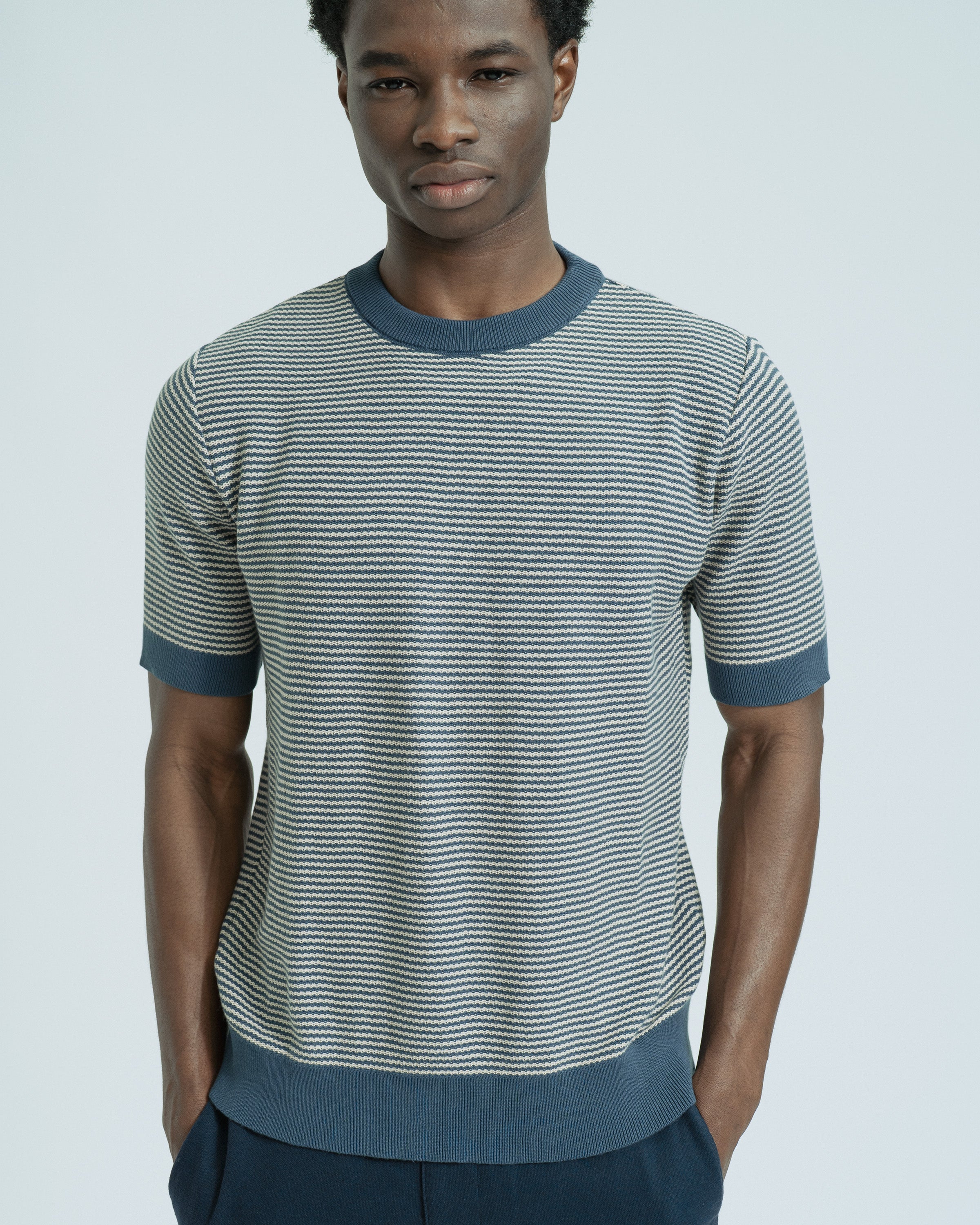 Striped Knitted T-Shirt Blue · Far Afield