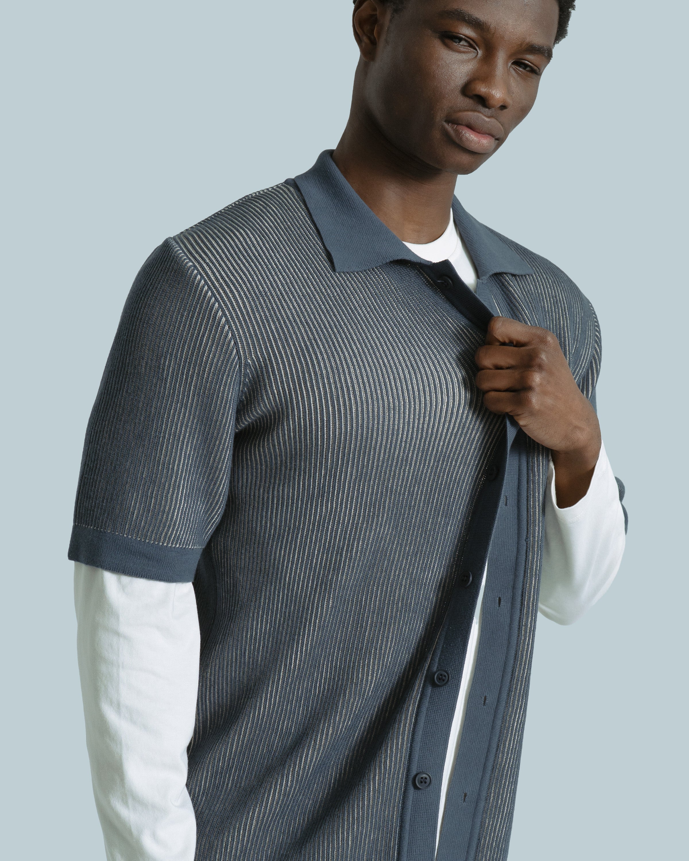 Striped Knit Shirt Short Sleeve Blue · Far Afield
