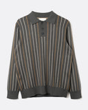 Far Afield Pennon Stripe Polo Knit in dark grey, front view