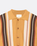 Terson Stripe Knit Shirt in camel, close-up of the collar and engineered front stripes