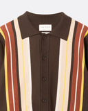 Terson Stripe Knit Shirt in brown, close-up of the collar and engineered front stripes