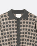 Dhaka Check Knit Shirt, close-up of the collar, tonal corozo buttons and geometric check