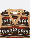 Lok Kala Pinto Vest, close-up of the broad V-neck and jacquard pattern