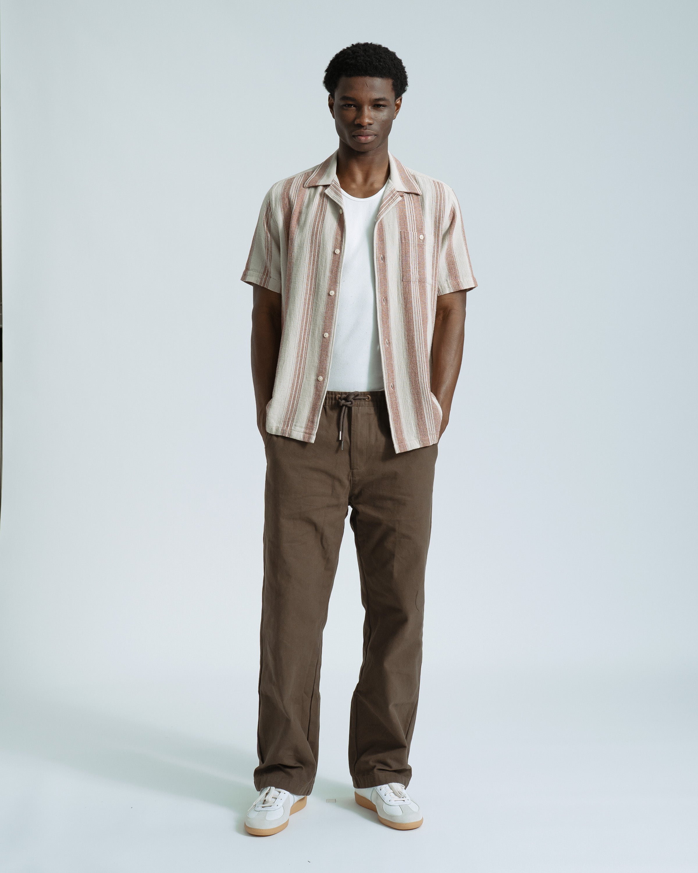 Slub Cotton Stripe Camp Collar Shirt Sand · Far Afield