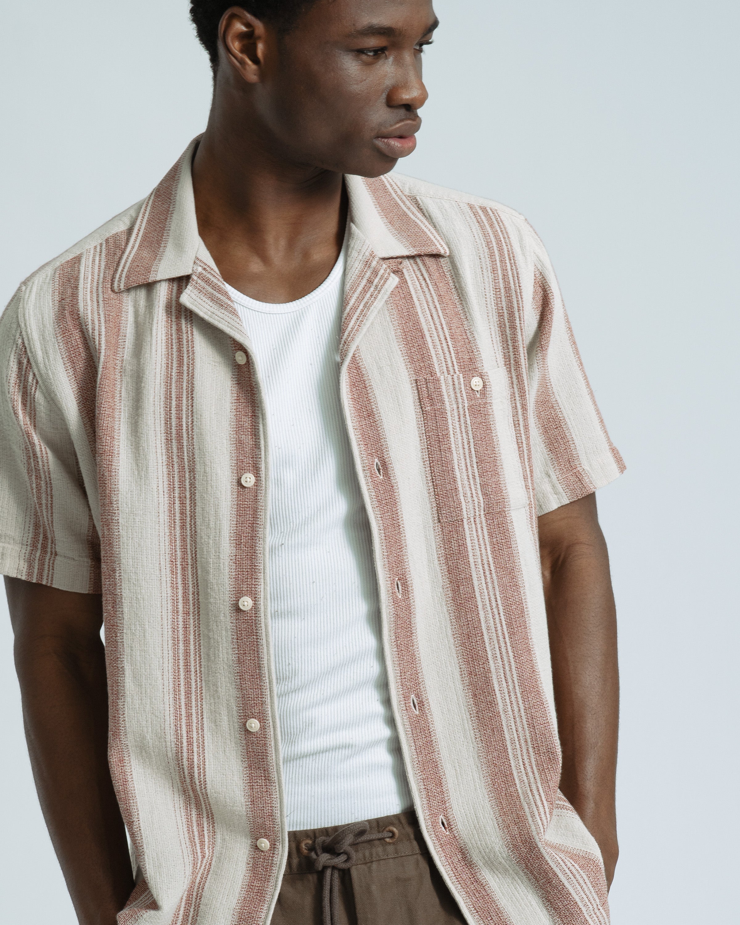 Slub Cotton Stripe Camp Collar Shirt Sand · Far Afield