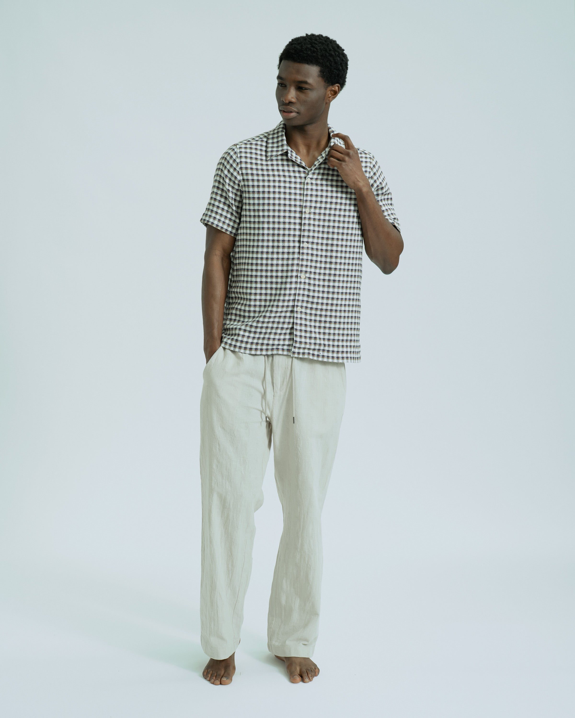 Cotton Dobby Check Short Sleeve Shirt White · Far Afield