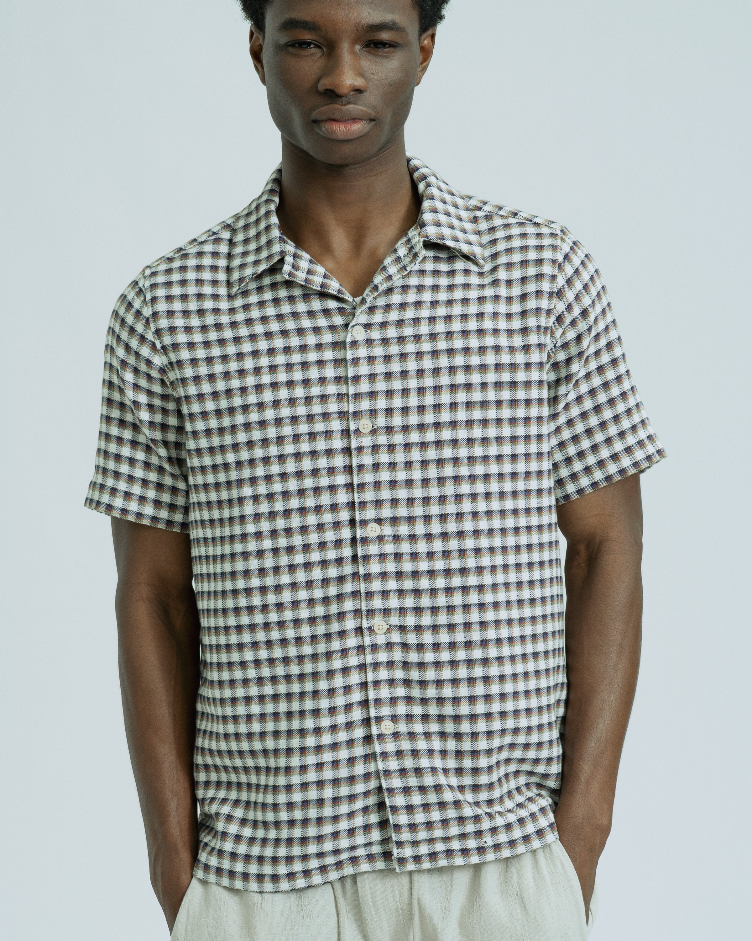 Cotton Dobby Check Short Sleeve Shirt White · Far Afield