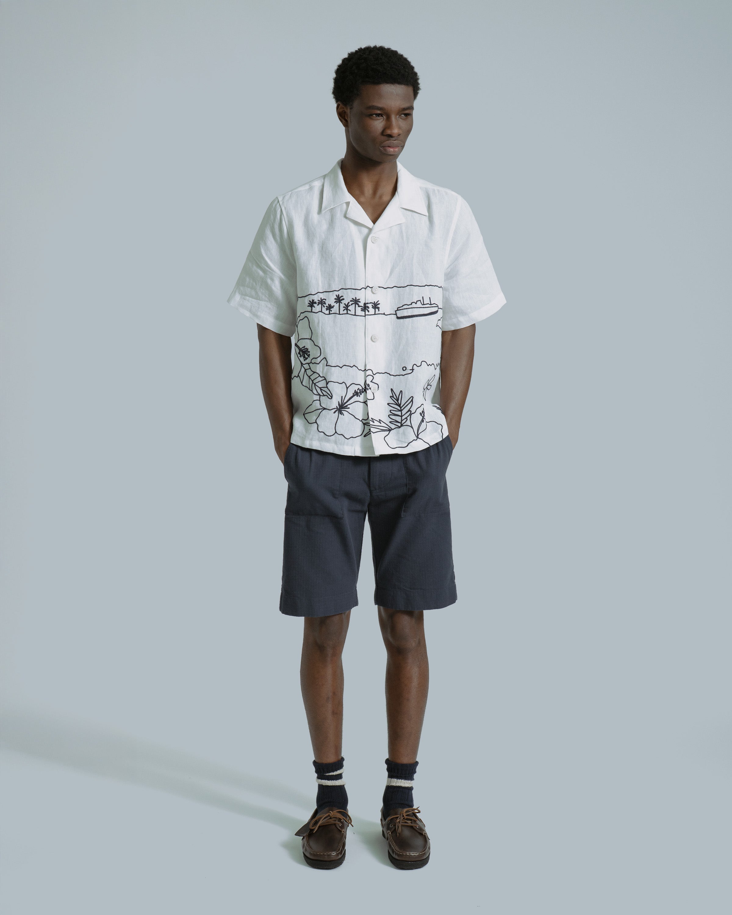 Embroidered Landscape Linen Shirt in White· Far Afield