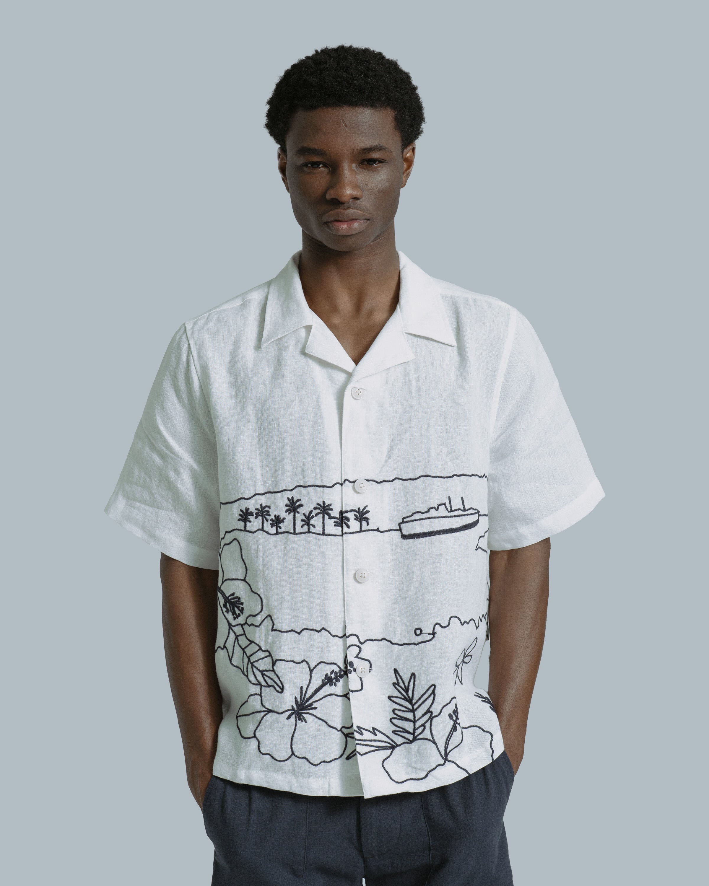 Embroidered Landscape Linen Shirt in White· Far Afield
