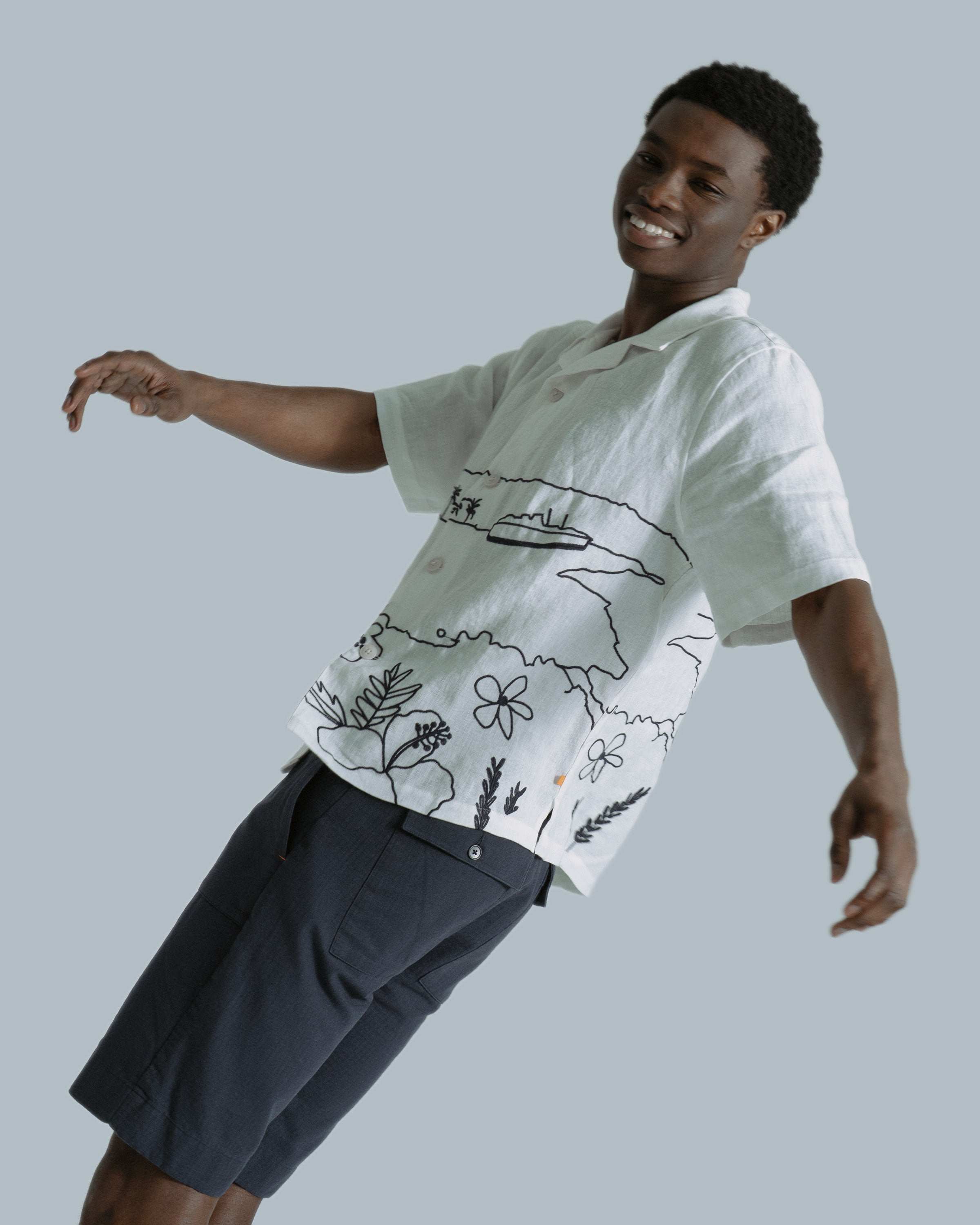 Embroidered Landscape Linen Shirt in White· Far Afield