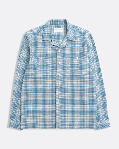 Hiro Check Shirt Blue – Men's Open?Collar Long Sleeve Shirt | Far