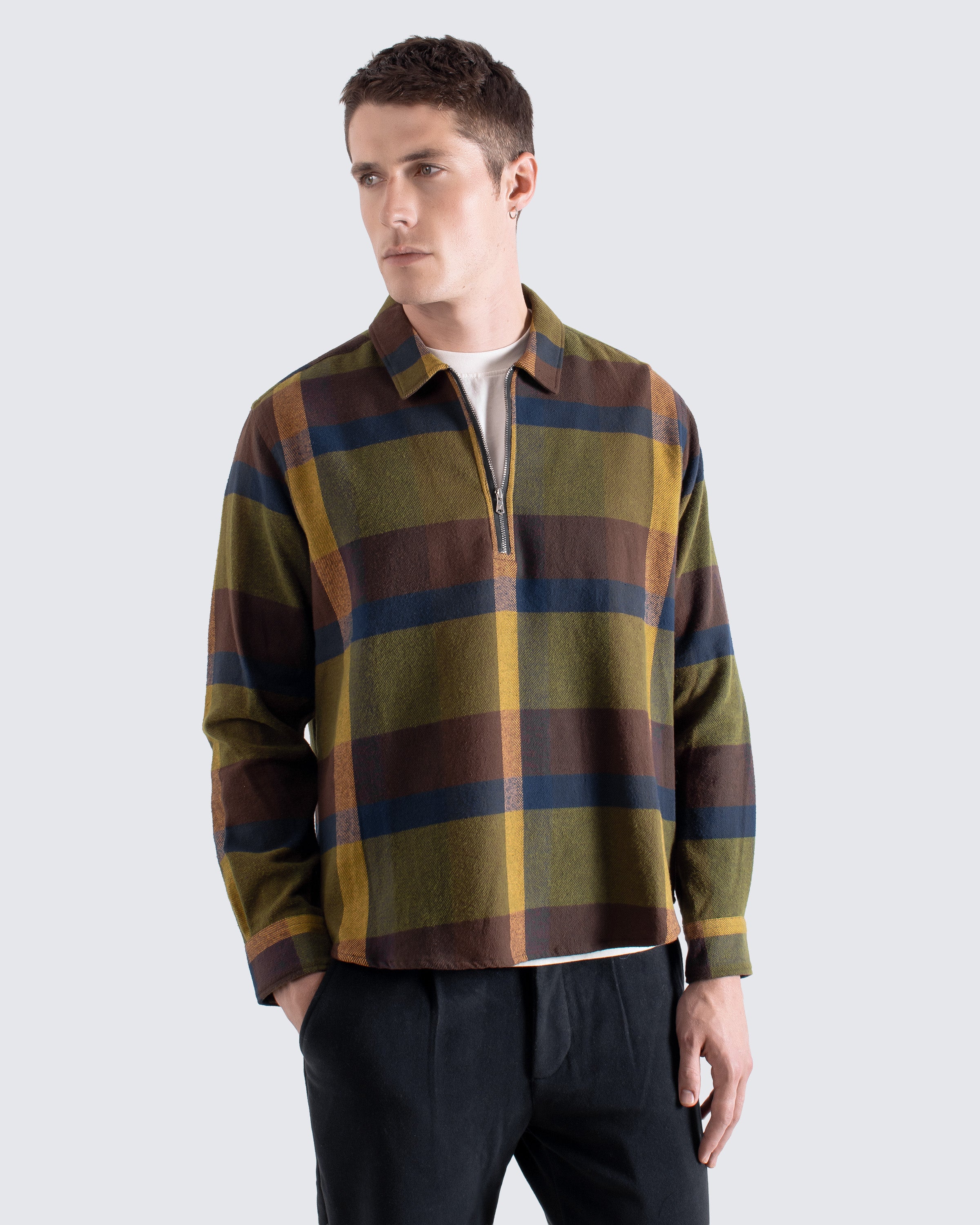 Half-Zip Day Shirt – Plaid Pop-Over in Brushed Cotton | AW25 – Far