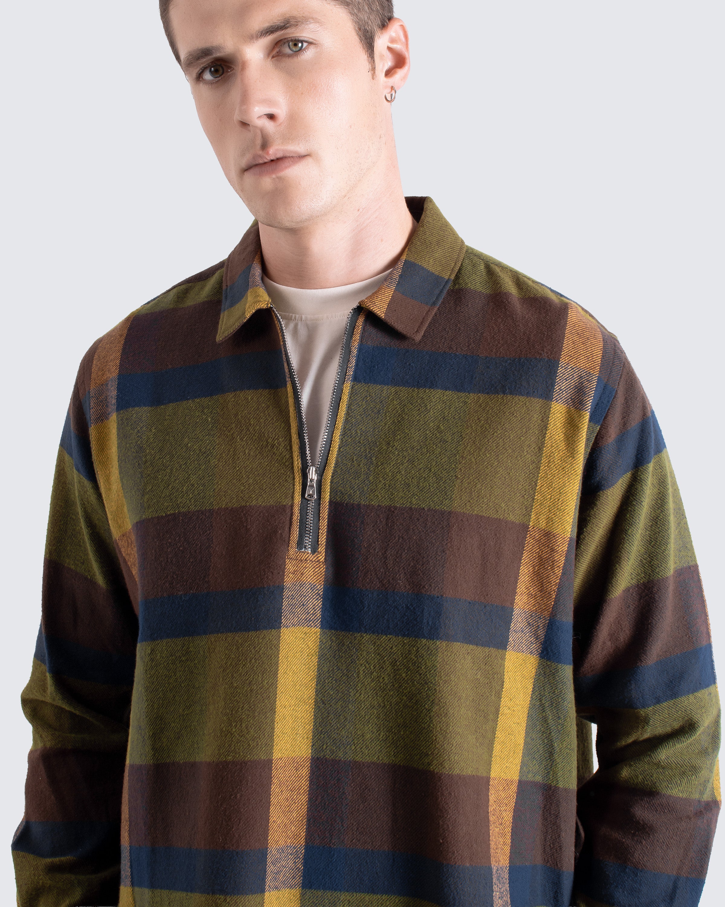 トップス PHIGVEL PRINT FLANNEL HALF ZIP SHIRT Half-Zip Day Shirt – Plaid Pop-Over in Brushed Cotton | AW25 – Far