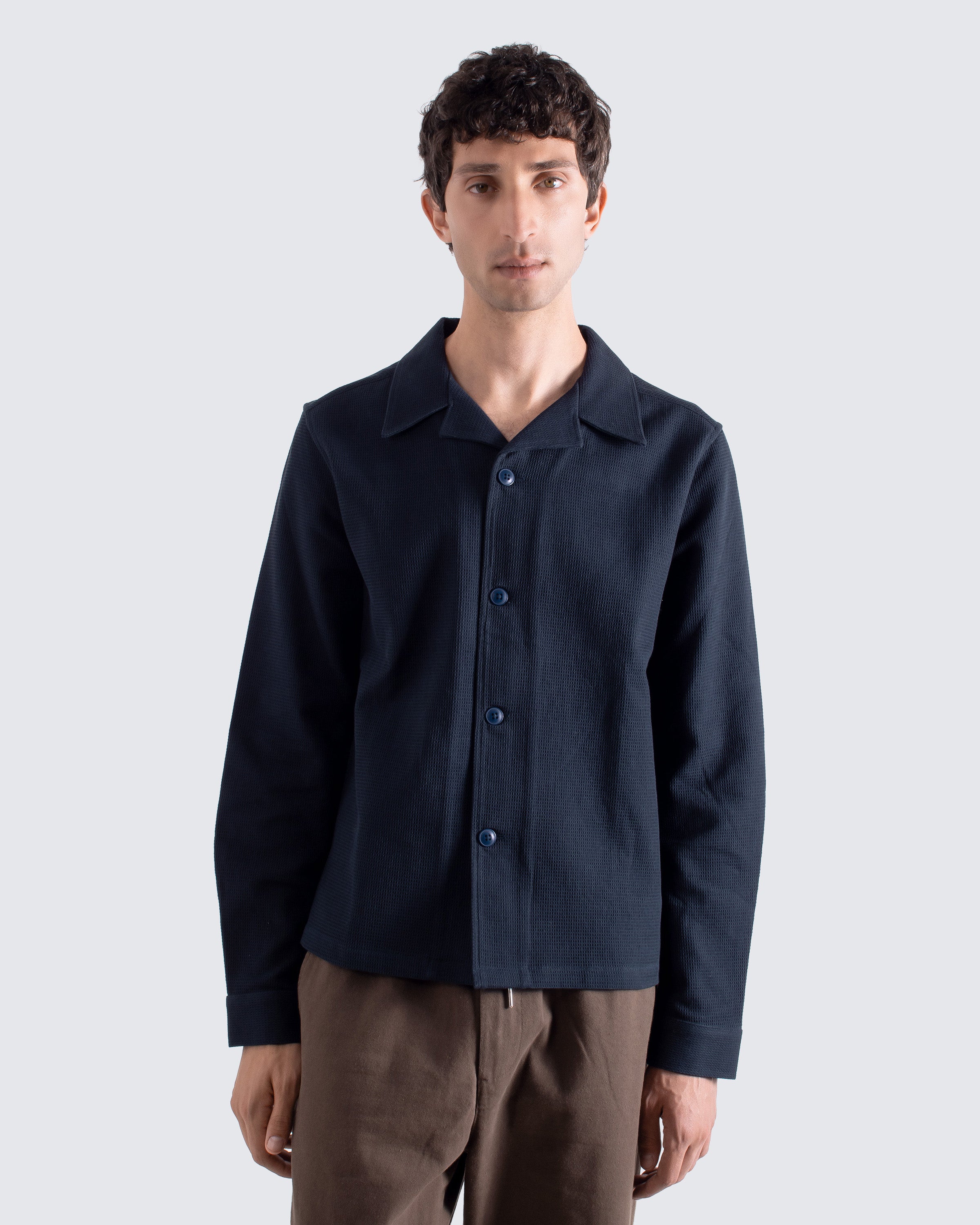 Veloso Waffle Shirt Navy – Textured Cotton Overshirt | Far Afield