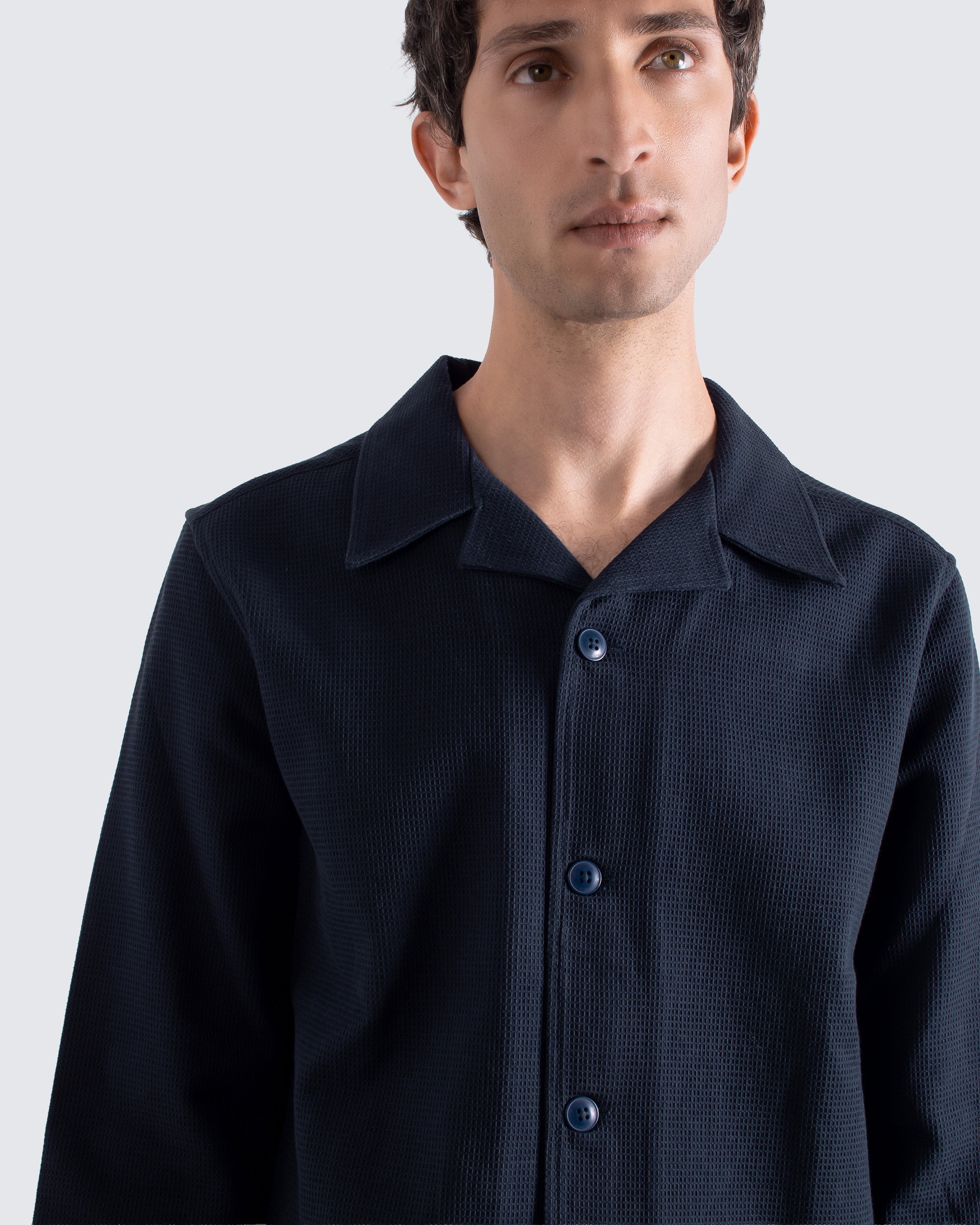Veloso Waffle Shirt Navy – Textured Cotton Overshirt | Far Afield