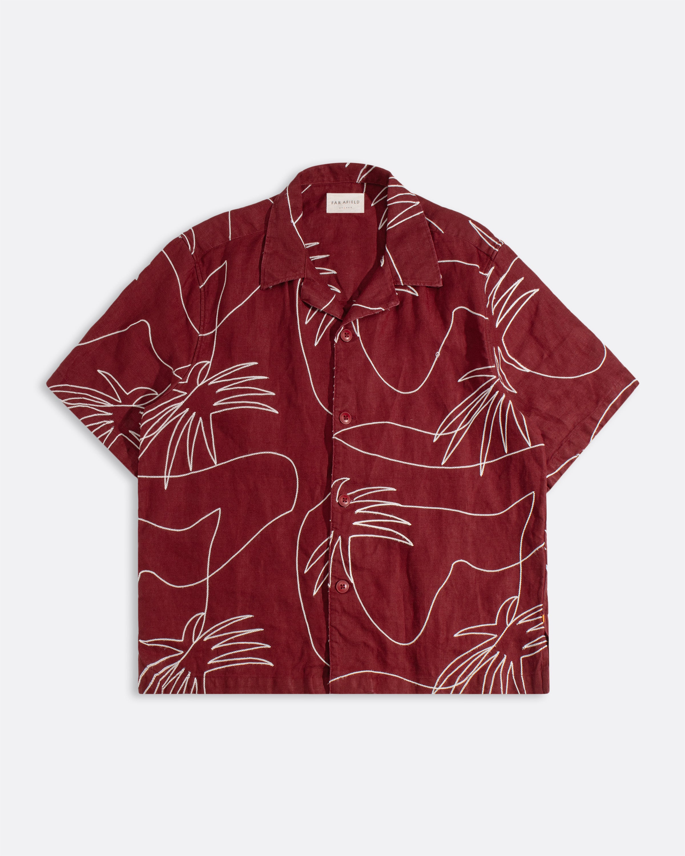 Embroidered Cuban Collar Linen Shirt in Red · Far Afield