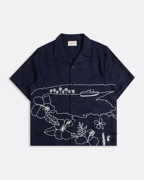 Embroidered Landscape Linen Shirt in Navy Â· Far Afield