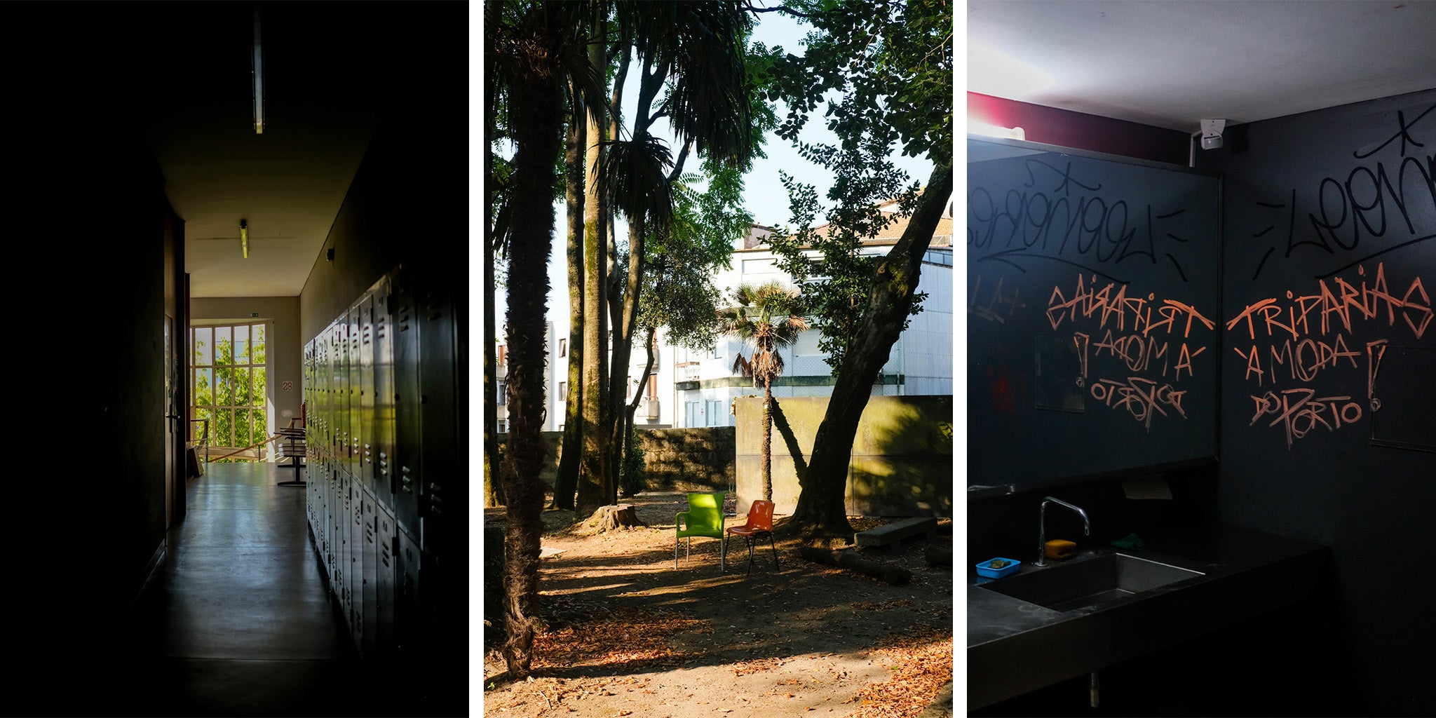 Lines of Thought BTS - triptych: dark corridor to window, courtyard chairs under palms, tagged bathroom. 