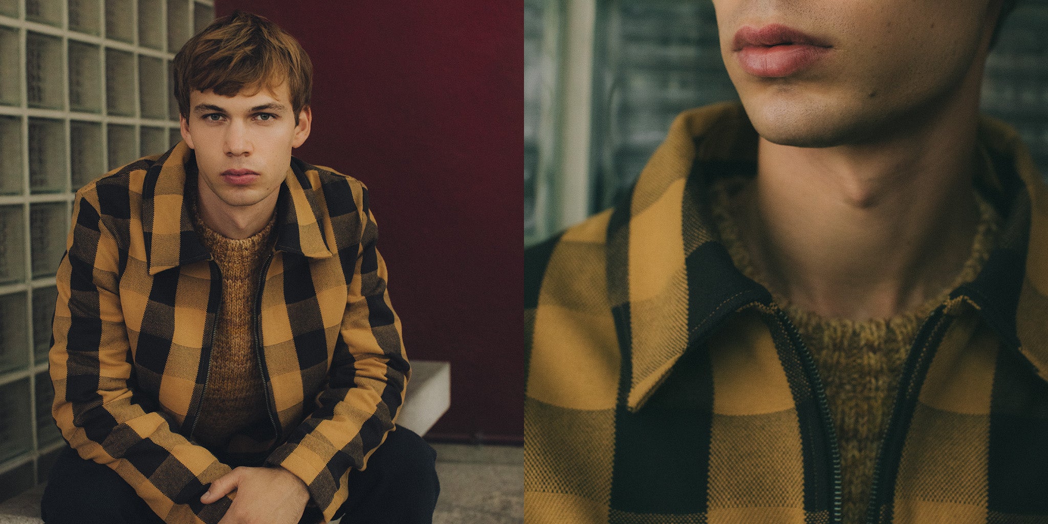 Diptych: yellow-and-black buffalo-check overshirt layered over a mustard knit; right panel shows collar and zip close-up