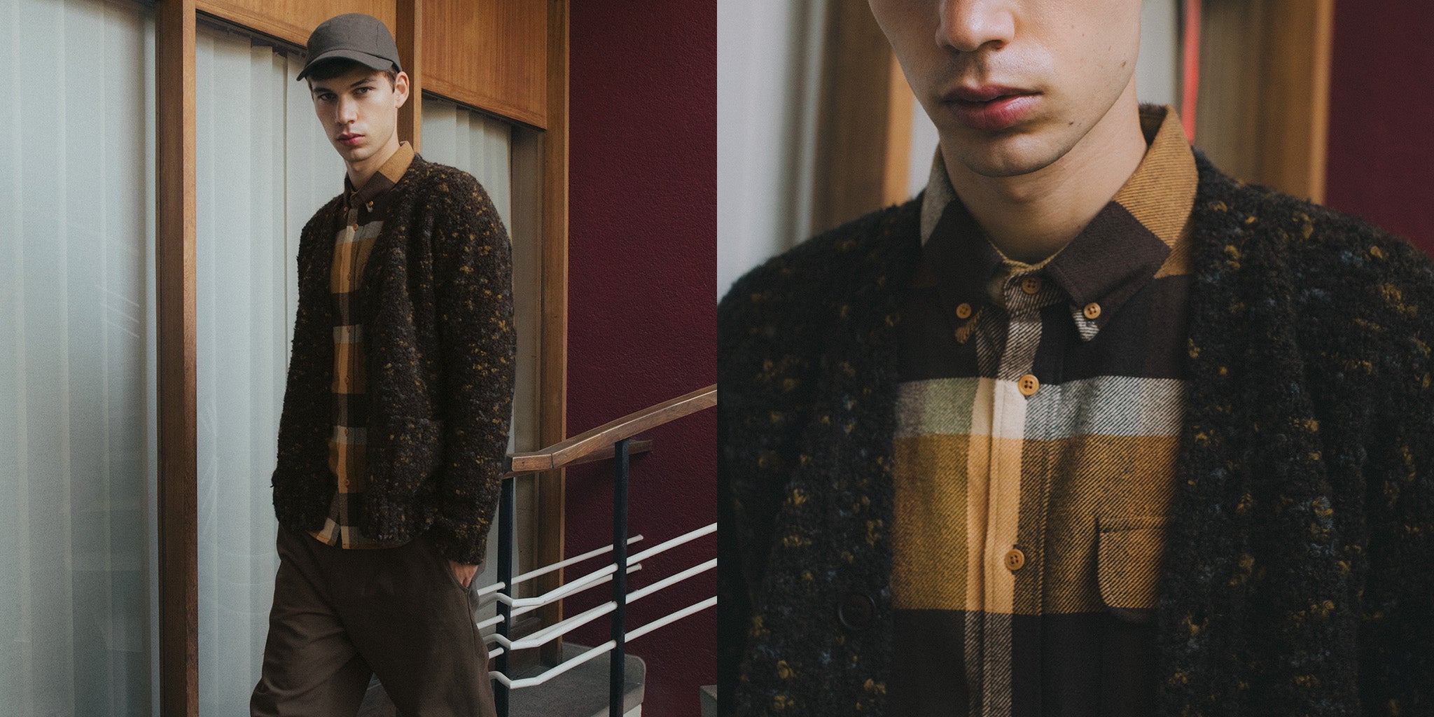 Diptych: model in bouclé cardigan over brown-toned plaid shirt on stairs; right panel shows close fabric and pocket