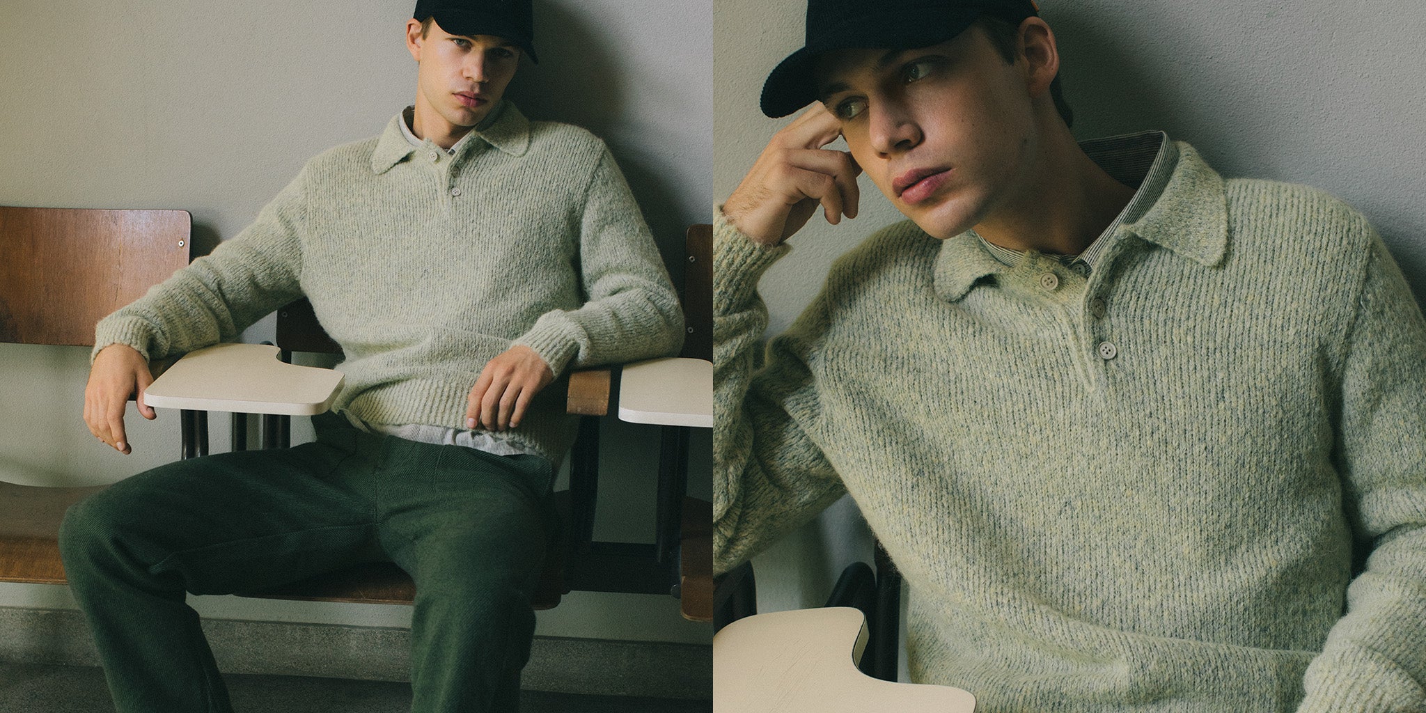 Diptych: soft green knit polo styled with drill trousers in a classroom setting; right panel shows knit texture and collar