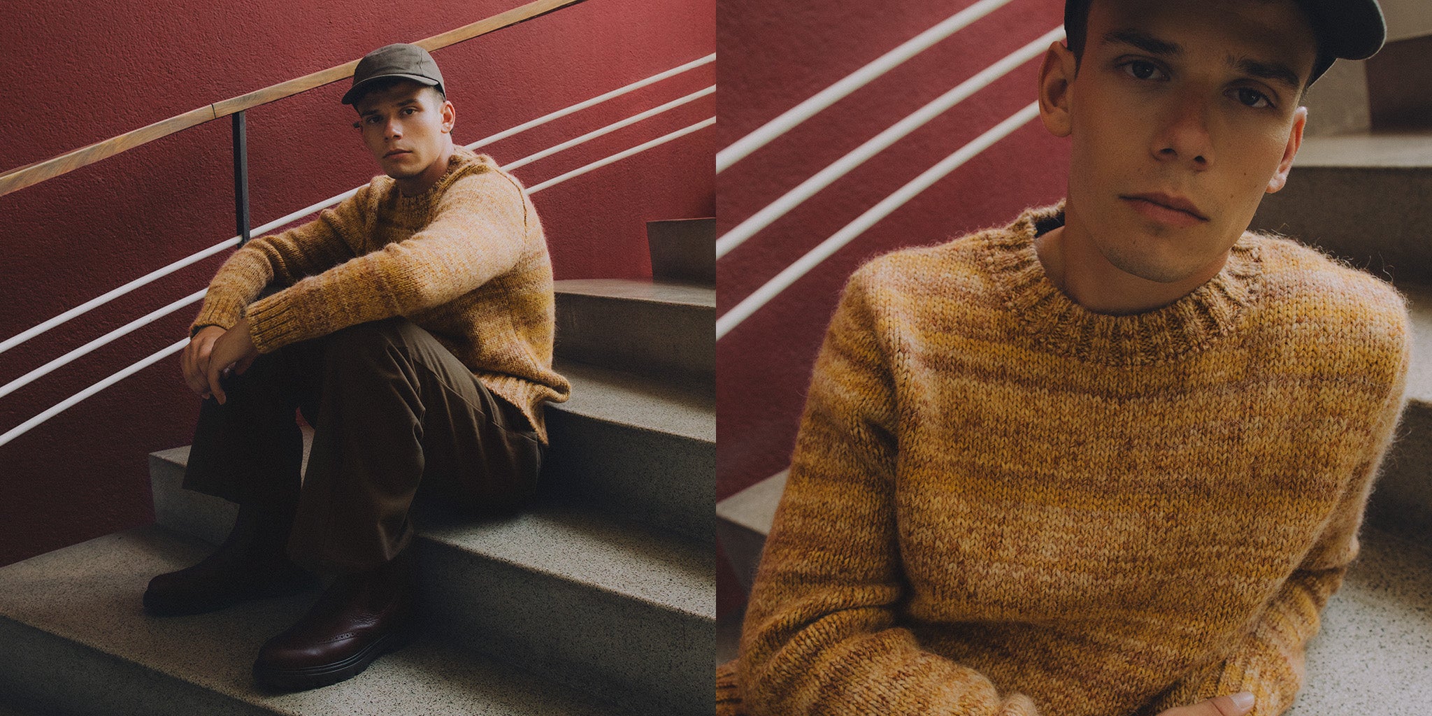 Diptych: model in marled mustard crew-neck knit on stairwell; right panel shows close stitch detail